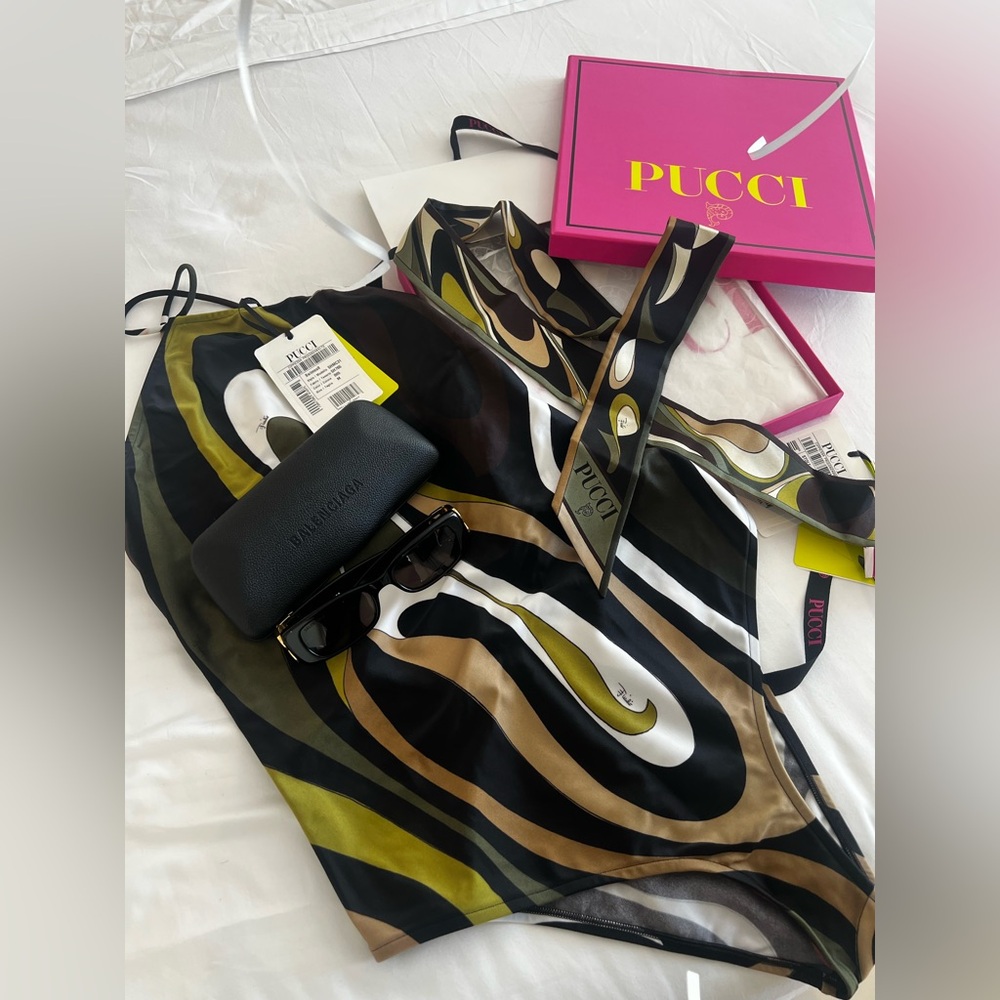 Emilio Pucci Marmo Print Khaki Swirl One Piece Swimsuit/ Scarf INCLUDED (M)